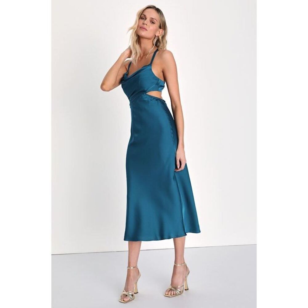 NWT Lulus Turquoise Satin Cowl Neck Cutout Midi Dress Blue - Size L